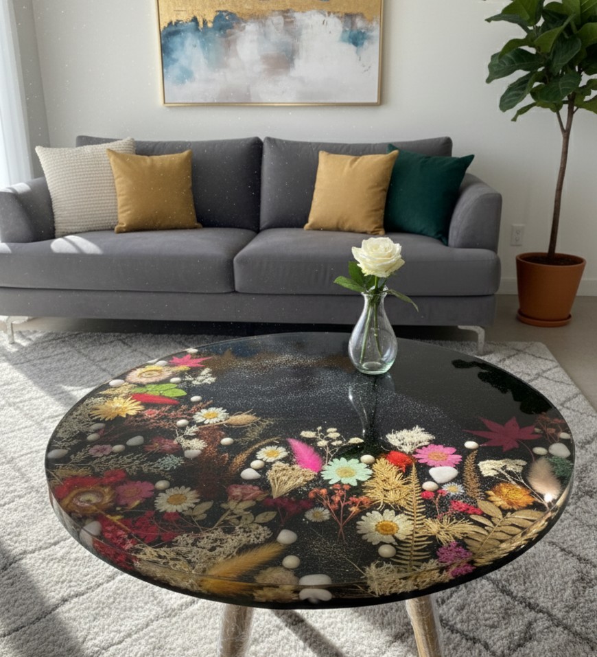 Black Resin Center Table with Real Pressed Flowers Black Resin Center Table with Real Pressed Flowers