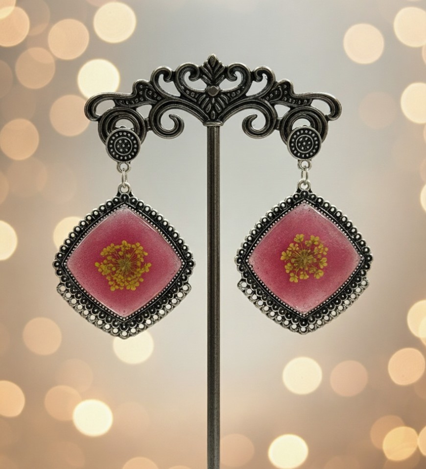Oxidised Pink Earrings with Flower Oxidised Pink Earrings with Flower