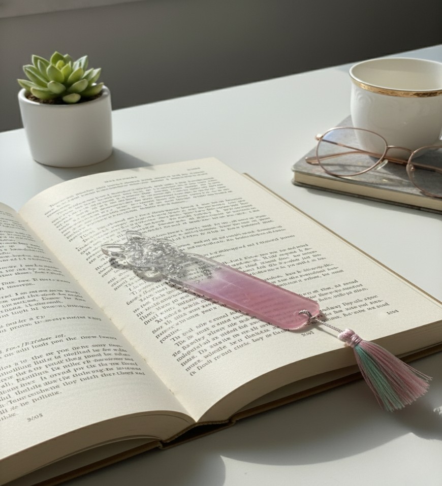 Cat-styled pink and silver flakes resin bookmark Cat-styled pink and silver flakes resin bookmark