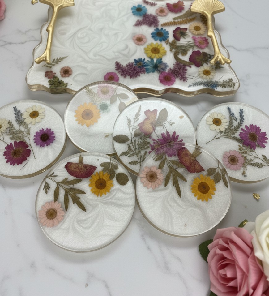 Natural flower resin tray and coaster set Natural flower resin tray and coaster set