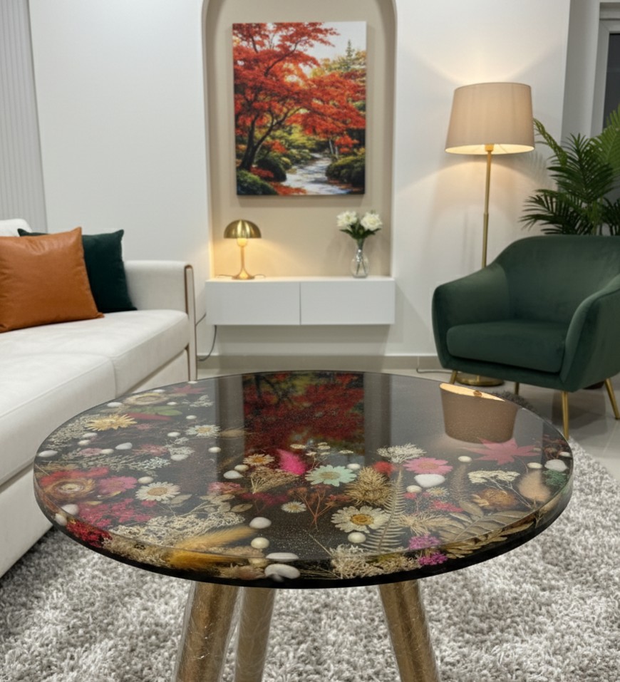 Black Resin Center Table with Real Pressed Flowers Black Resin Center Table with Real Pressed Flowers