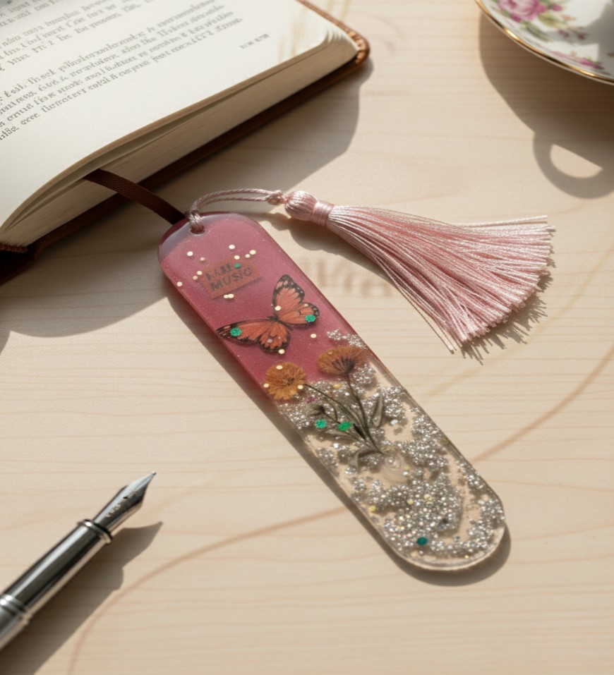 Floral and Butterfly Pink Silver Flakes Resin Bookmark Floral and Butterfly Pink Silver Flakes Resin Bookmark